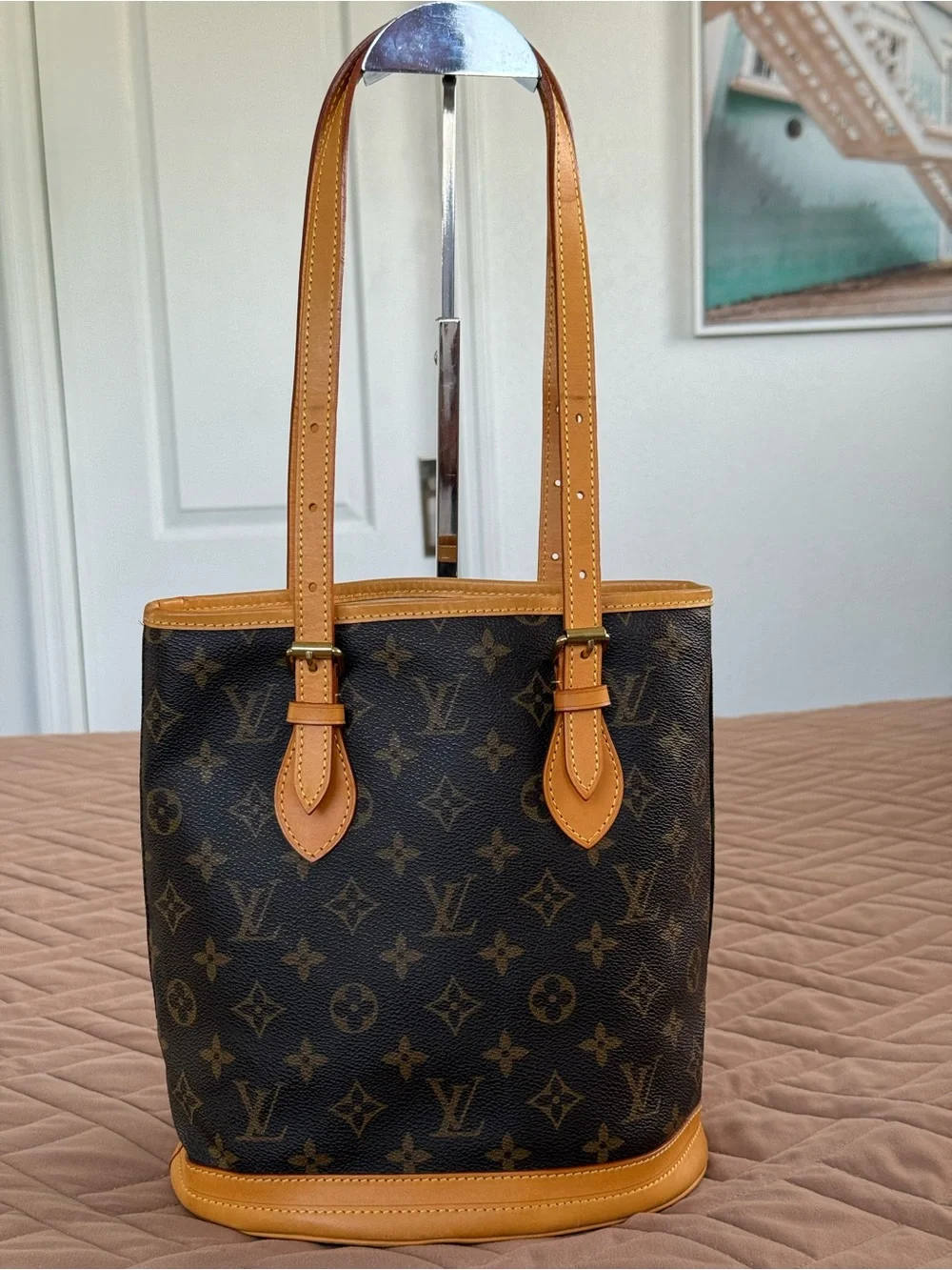 Louis Vuitton Brown Monogram Canvas Bucket Shoulder Bag with Tan Trim